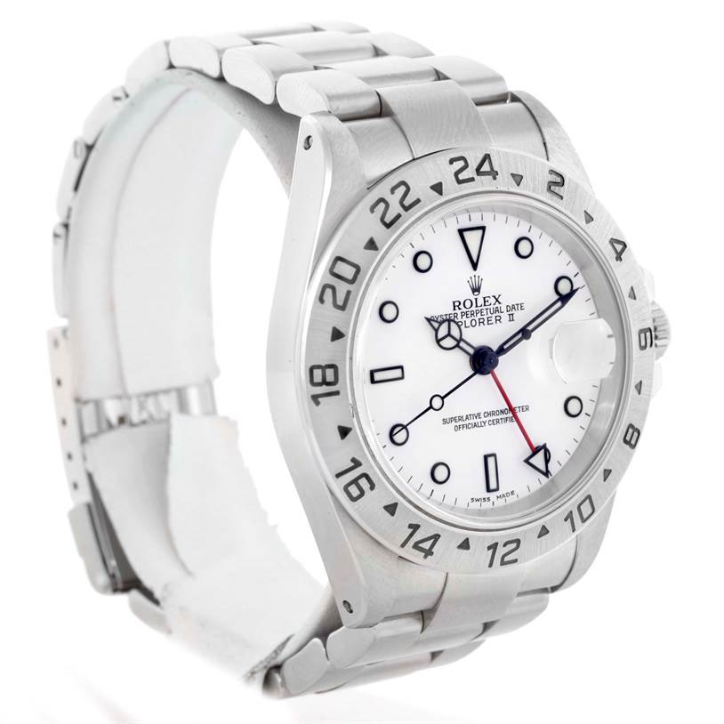 This image shows a Rolex Explorer 16570 Men's Stainless Steel White Dial 16570 Men's Stainless Steel White Dial watch at a slight angle, highlighting the bezel, dial, hands, and stainless steel bracelet.