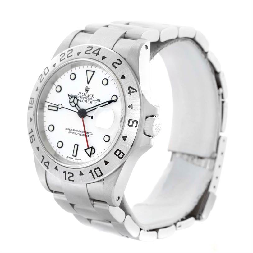 The Rolex Explorer 16570 Men's Stainless Steel White Dial 16570 Men's Stainless Steel White Dial watch is shown from a front left angle, highlighting its dial, bezel, case, and bracelet.