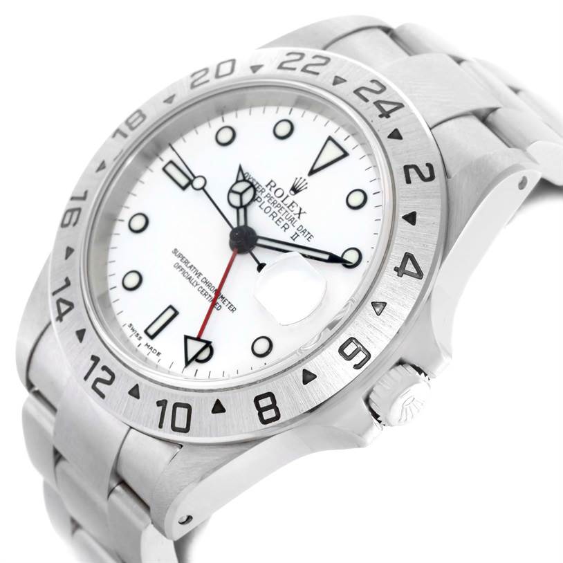 The image shows a top-side angle of the Rolex Explorer 16570 Men's Stainless Steel White Dial 16570 Men's Stainless Steel White Dial watch, highlighting the dial, bezel, and bracelet.