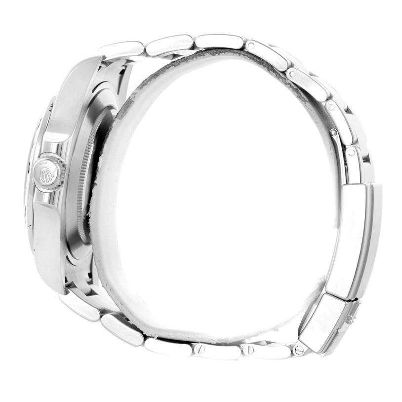 The image shows a side view of the Rolex Explorer 216570 Men's Stainless Steel White Dial 216570 Men's Stainless Steel White Dial model, displaying the crown and part of the bracelet.