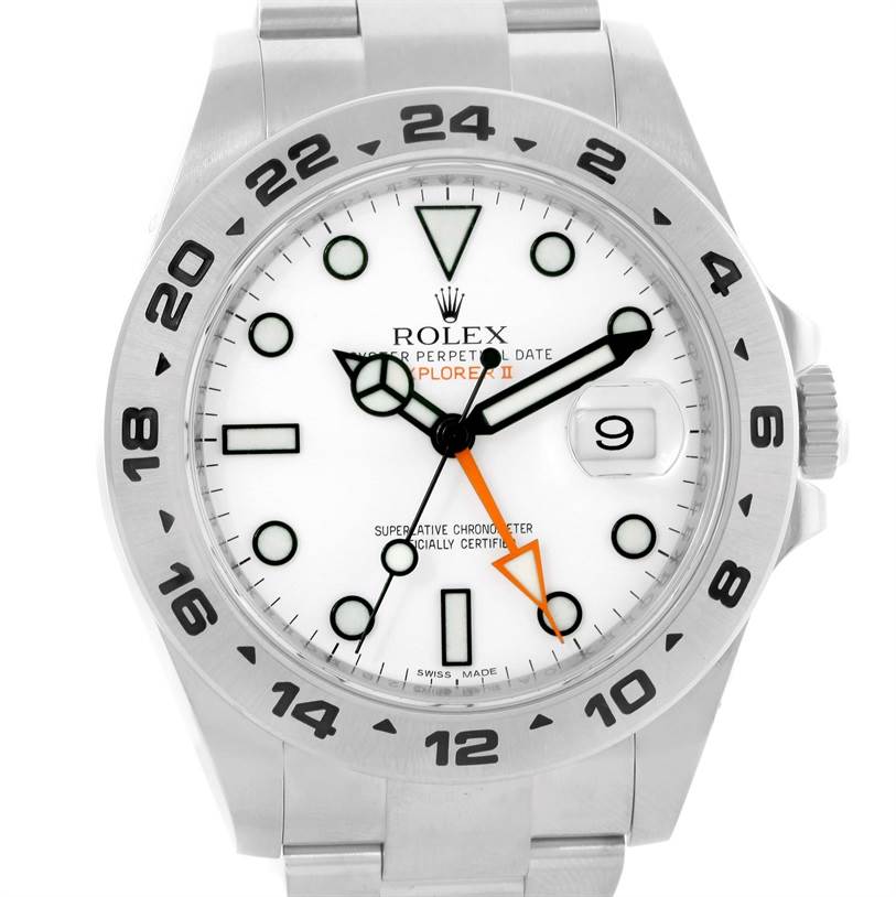 This image shows a front view of the Rolex Explorer 216570 Men's Stainless Steel White Dial 216570 Men's Stainless Steel White Dial watch, displaying its dial, hands, bezel, and part of the bracelet.