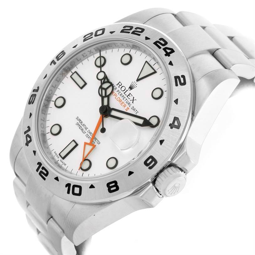 The image shows a Rolex Explorer 216570 Men's Stainless Steel White Dial 216570 Men's Stainless Steel White Dial watch angled from the top front, highlighting the dial, bezel, crown, and part of the bracelet.