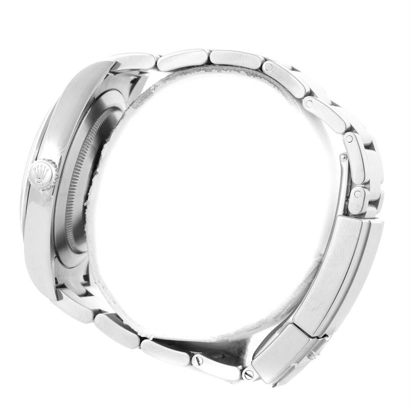 The image shows a side view of a Rolex Explorer 214270 Men's Stainless Steel Black Dial 214270 Men's Stainless Steel Black Dial model, focusing on the case, crown, and bracelet.