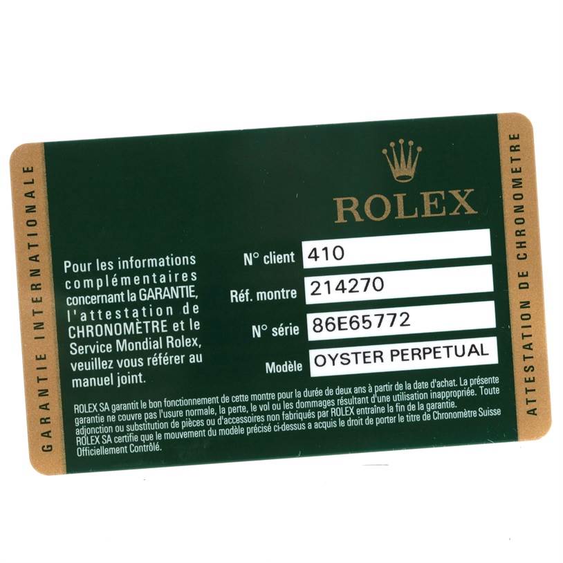 This image shows a Rolex warranty card for the Explorer model, including customer number, reference number, and serial number.
