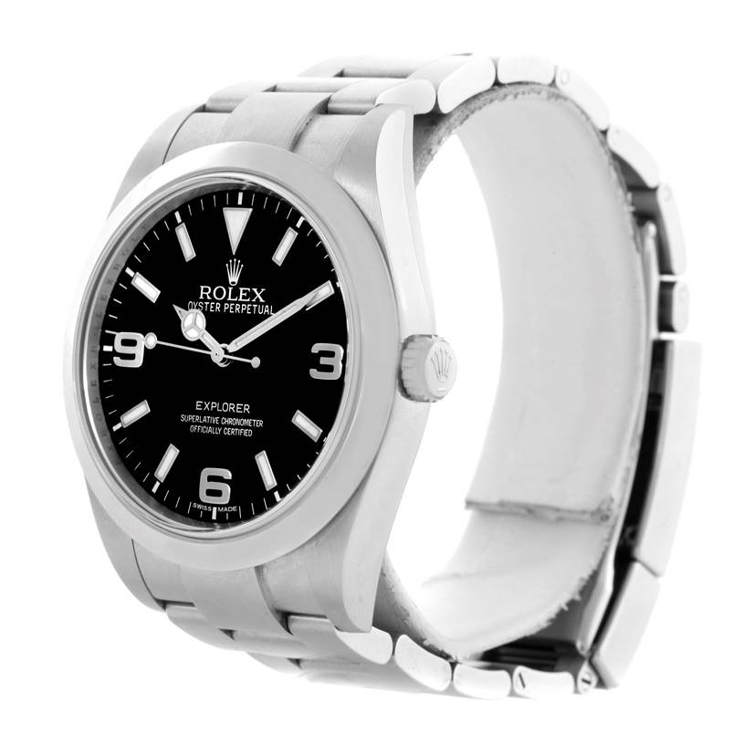 The image displays a Rolex Explorer 214270 Men's Stainless Steel Black Dial 214270 Men's Stainless Steel Black Dial watch at a three-quarter angle, showing the face, crown, and partial bracelet.