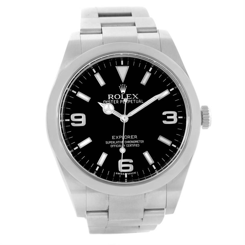 This is a top view of a Rolex Explorer 214270 Men's Stainless Steel Black Dial 214270 Men's Stainless Steel Black Dial watch showing the dial, bezel, crown, and part of the metal bracelet.