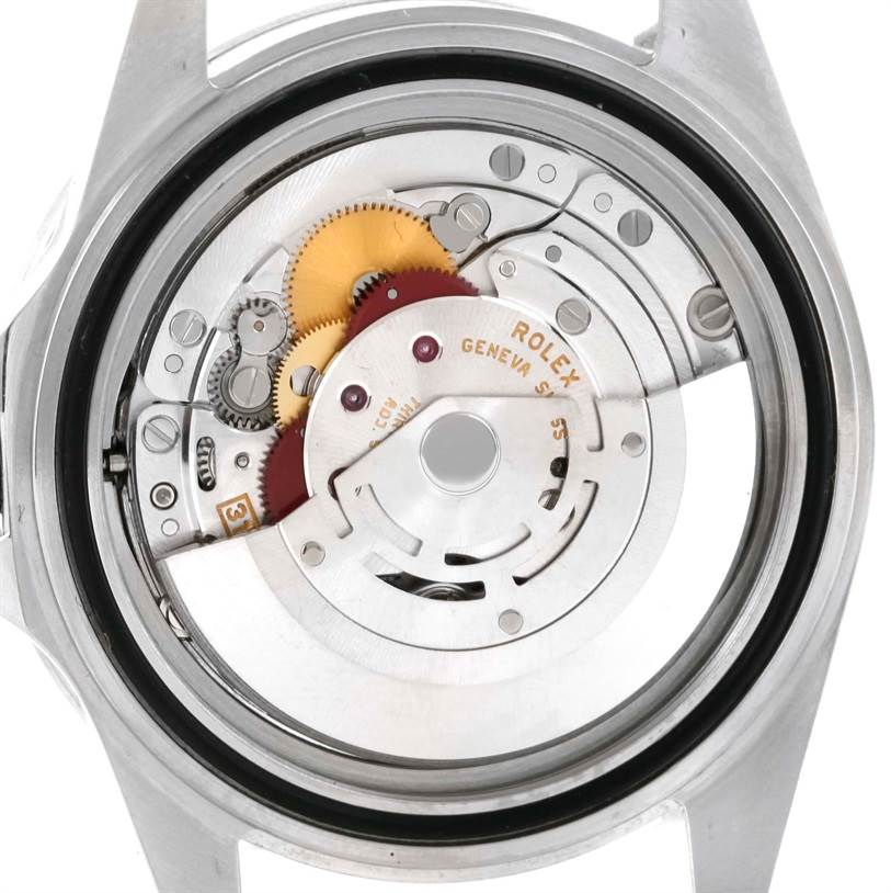 This image shows the back view of the Rolex Explorer 16570 Men's White Dial 16570 Men's White Dial watch, revealing its intricate internal mechanical movements.