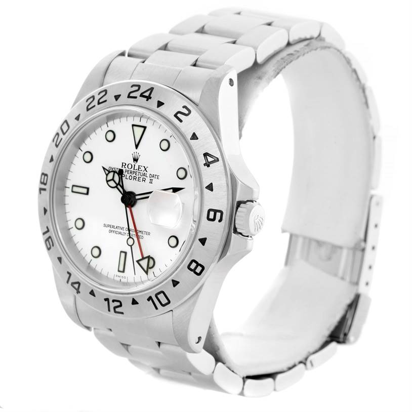 The Rolex Explorer 16570 Men's White Dial 16570 Men's White Dial watch is shown at a front angle, highlighting its bezel, dial, bracelet, and crown.