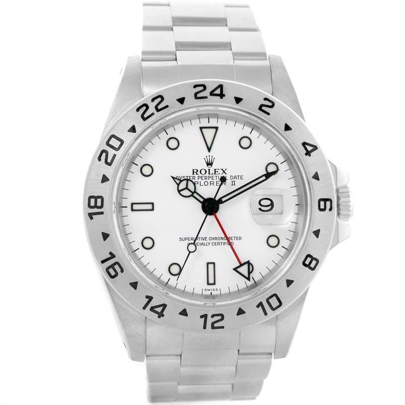 This Rolex Explorer 16570 Men's White Dial 16570 Men's White Dial model watch is shown from a front angle, highlighting its dial, bezel, and bracelet.