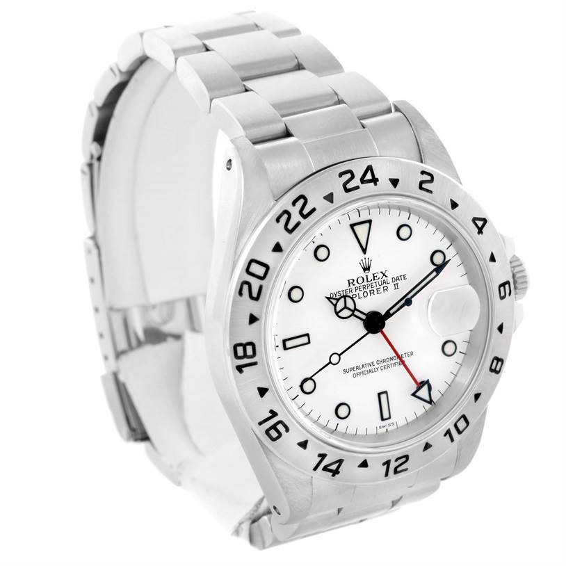 The image shows a Rolex Explorer 16570 Men's White Dial 16570 Men's White Dial watch angled to display its face, bezel, and bracelet.