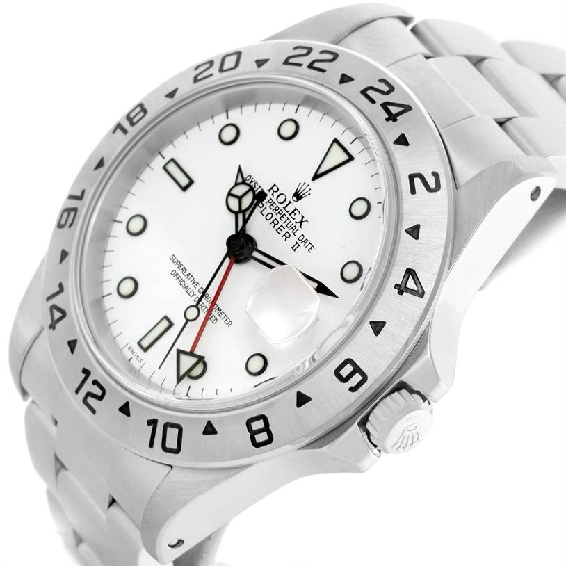 The image shows a side and front view of the Rolex Explorer 16570 Men's White Dial 16570 Men's White Dial watch, highlighting the bezel, dial, and bracelet.