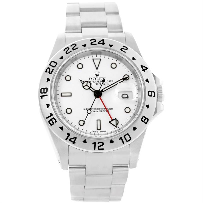 The image shows a front view of a Rolex Explorer 16570 Men's Stainless Steel White Dial 16570 Men's Stainless Steel White Dial watch, showcasing its dial, bezel, and bracelet.