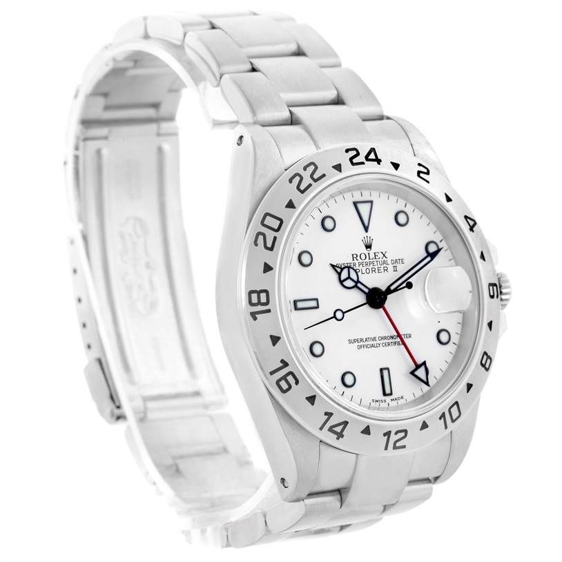 The image shows a Rolex Explorer 16570 Men's Stainless Steel White Dial 16570 Men's Stainless Steel White Dial model watch at an angle highlighting its face, bezel, and partially open metal bracelet.