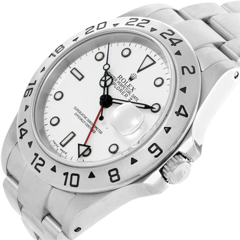 The image shows a side view of the Rolex Explorer 16570 Men's Stainless Steel White Dial 16570 Men's Stainless Steel White Dial watch, highlighting the bezel, crown, and partial bracelet.