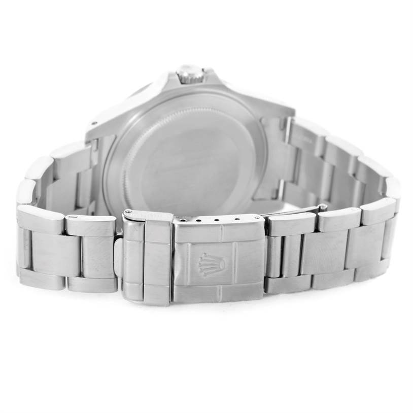 This image shows the back view of the Rolex Explorer 16570 Men's Stainless Steel White Dial 16570 Men's Stainless Steel White Dial model, featuring its bracelet and clasp.
