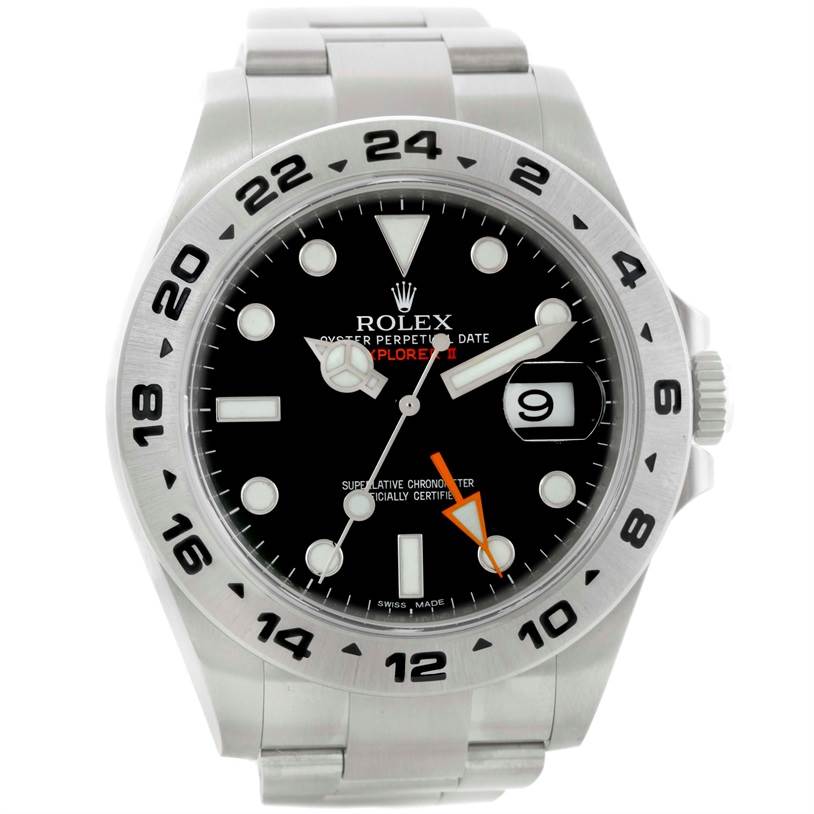This image shows a front view of the Rolex Explorer 216570 Men's Stainless Steel Black Dial 216570 Men's Stainless Steel Black Dial watch, displaying the face, bezel, and parts of the bracelet and crown.