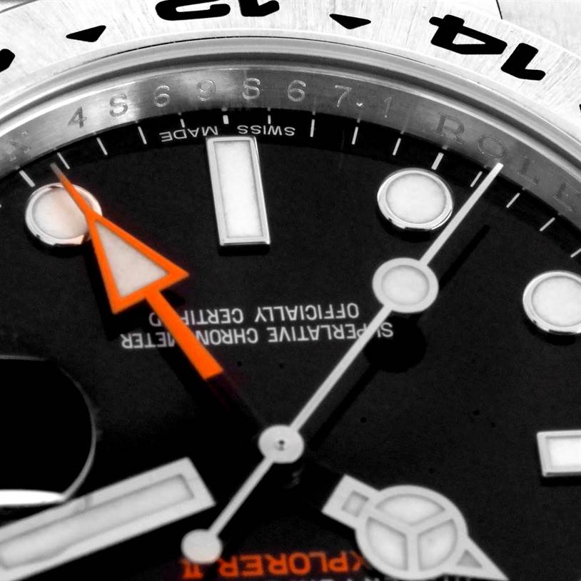 This image shows a close-up of the Rolex Explorer 216570 Men's Stainless Steel Black Dial 216570 Men's Stainless Steel Black Dial watch dial, including the hands, markers, and part of the bezel.