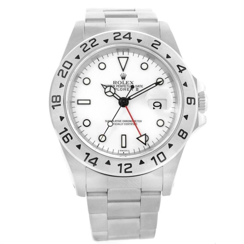 The image shows a front view of the Rolex Explorer 16570 Men's Stainless Steel White Dial 16570 Men's Stainless Steel White Dial watch, displaying the dial, bezel, hands, and bracelet.