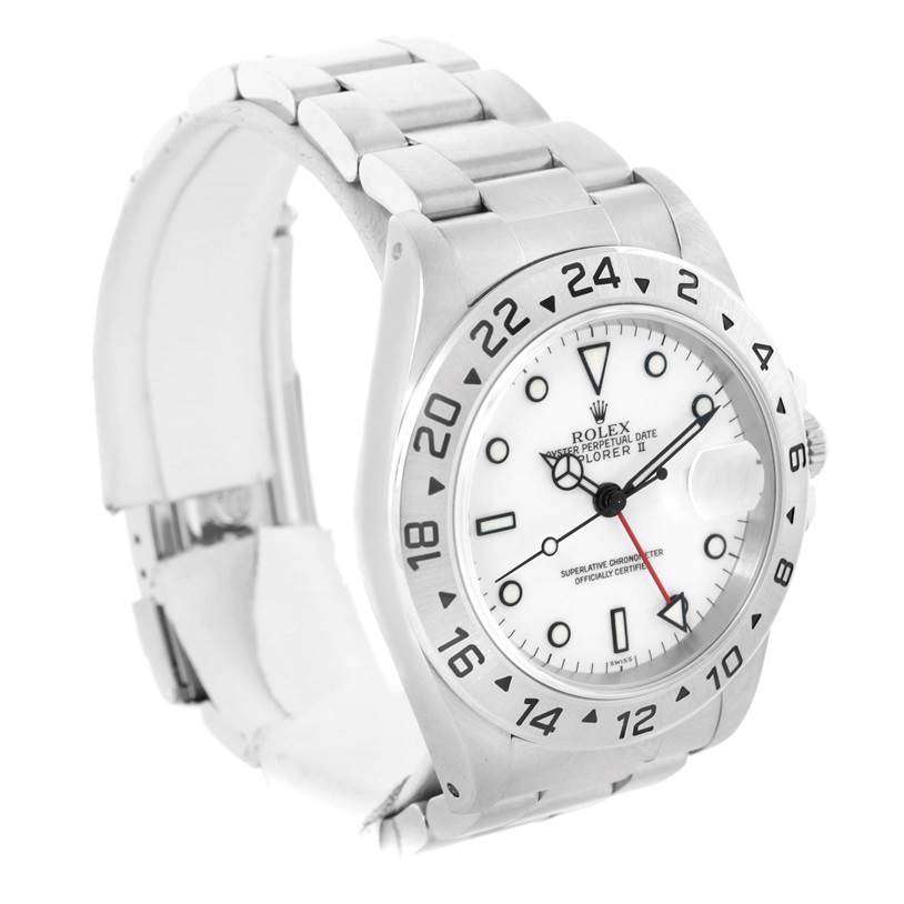 The image shows a Rolex Explorer 16570 Men's Stainless Steel White Dial 16570 Men's Stainless Steel White Dial watch at a 3/4th angle, highlighting the dial, bezel, and bracelet.