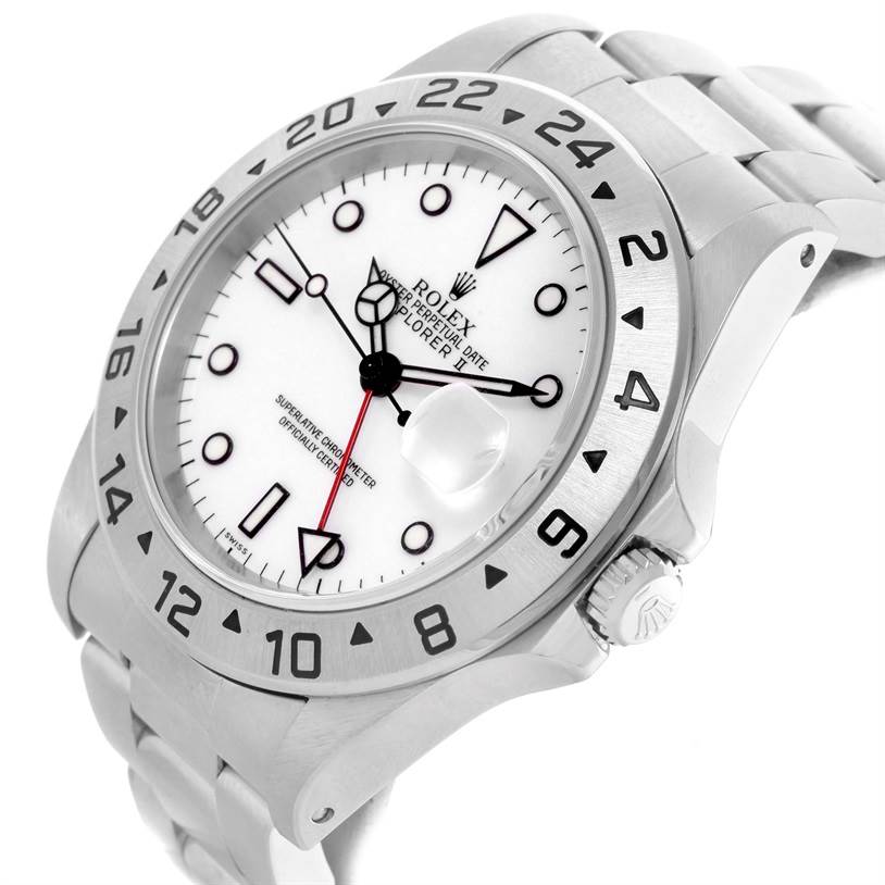 The Rolex Explorer 16570 Men's Stainless Steel White Dial 16570 Men's Stainless Steel White Dial watch is shown at an angled close-up view displaying its face, bezel, crown, and part of the bracelet.