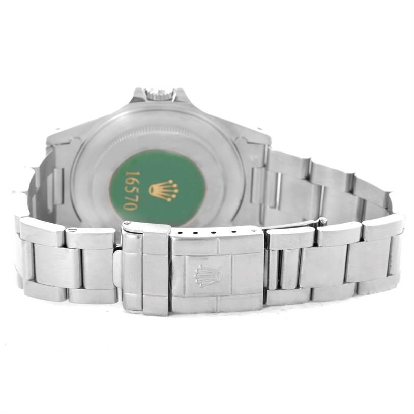 The image shows the back view of the Rolex Explorer 16570 Men's Stainless Steel White Dial 16570 Men's Stainless Steel White Dial watch, focusing on the bracelet and clasp.