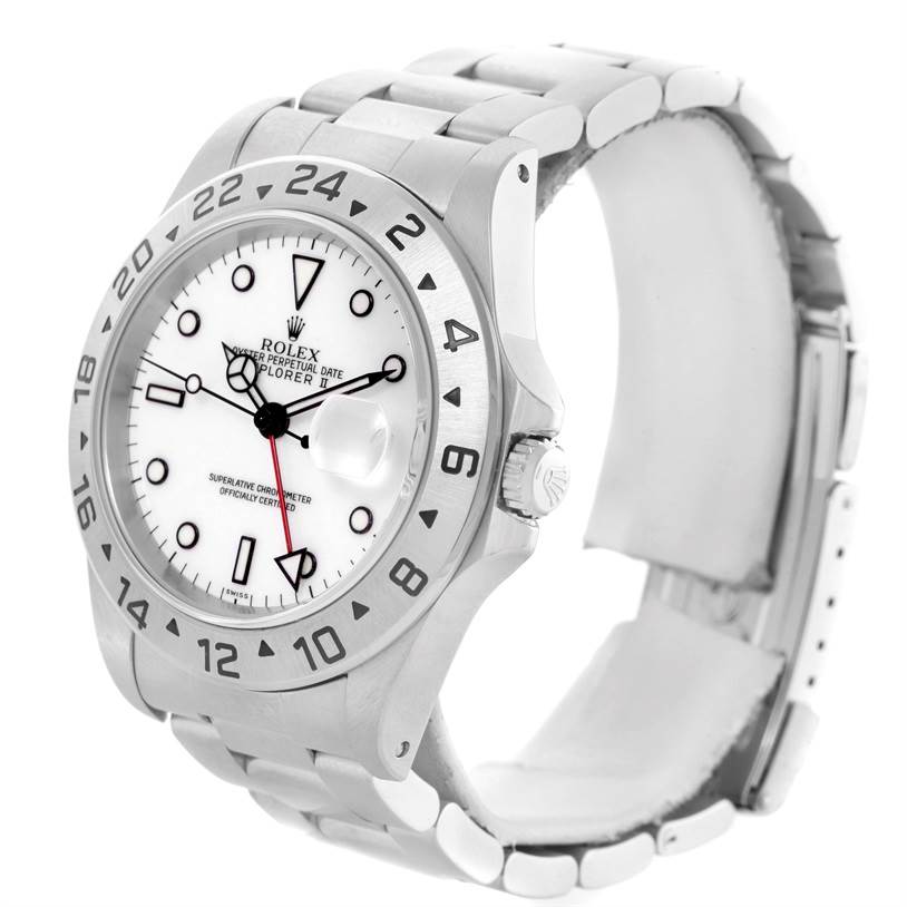 The Rolex Explorer 16570 Men's Stainless Steel White Dial 16570 Men's Stainless Steel White Dial watch is shown at an angled side/front view, displaying the bezel, dial, crown, and bracelet.