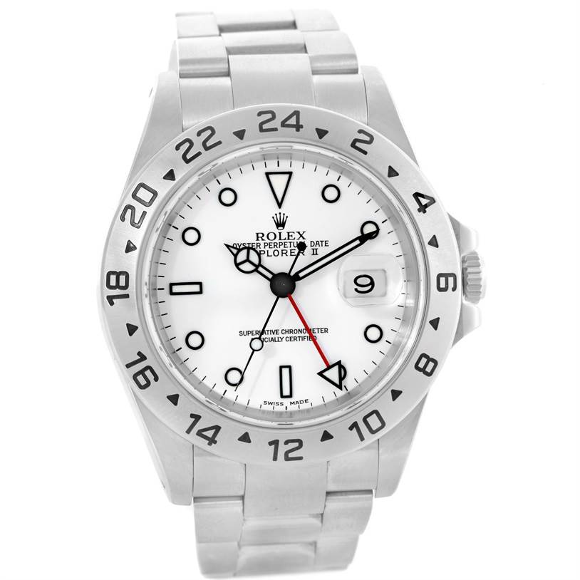 This image shows a Rolex Explorer 16570 Men
s Stainless Steel White Dial 16570 Men
s Stainless Steel White Dial watch from a top view, featuring its face, bezel, and bracelet.