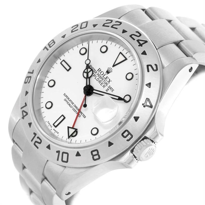 The image shows a close-up of a Rolex Explorer 16570 Men
s Stainless Steel White Dial 16570 Men
s Stainless Steel White Dial watch, highlighting the dial, bezel, crown, and part of the bracelet.