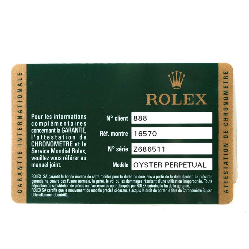 This image shows a warranty card for a Rolex Oyster Perpetual watch, model Explorer, with client, reference, and serial numbers.