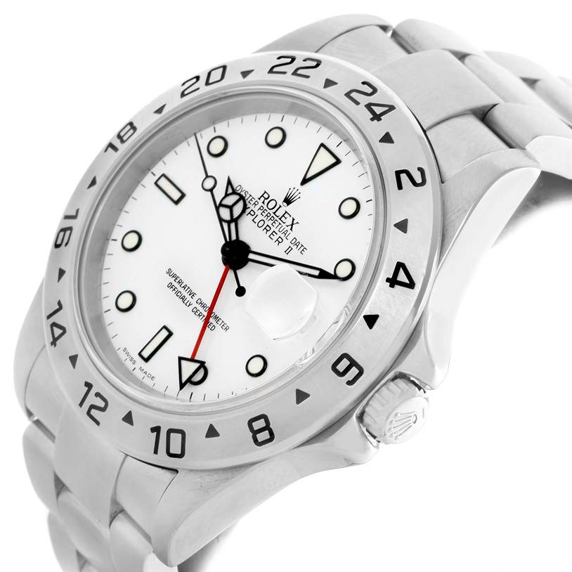 The image shows a side and front view of the Rolex Explorer 16570 Men's Stainless Steel White Dial 16570 Men's Stainless Steel White Dial watch, highlighting its bezel, dial, and bracelet.