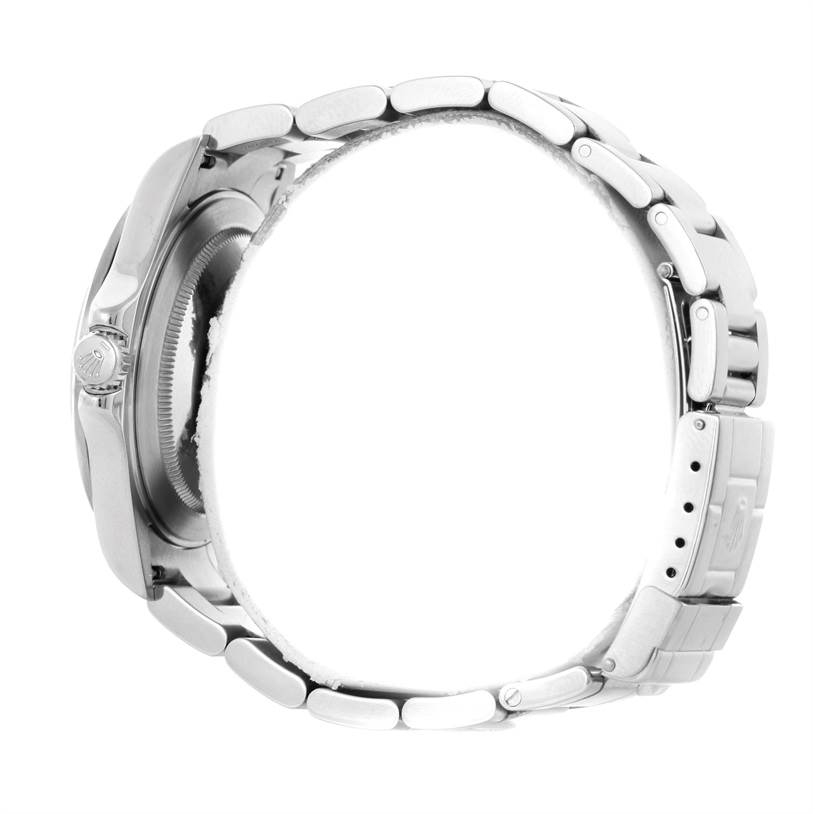 The image shows a side view of a Rolex Explorer 16570 Men's Stainless Steel White Dial 16570 Men's Stainless Steel White Dial watch, highlighting the bracelet and case.