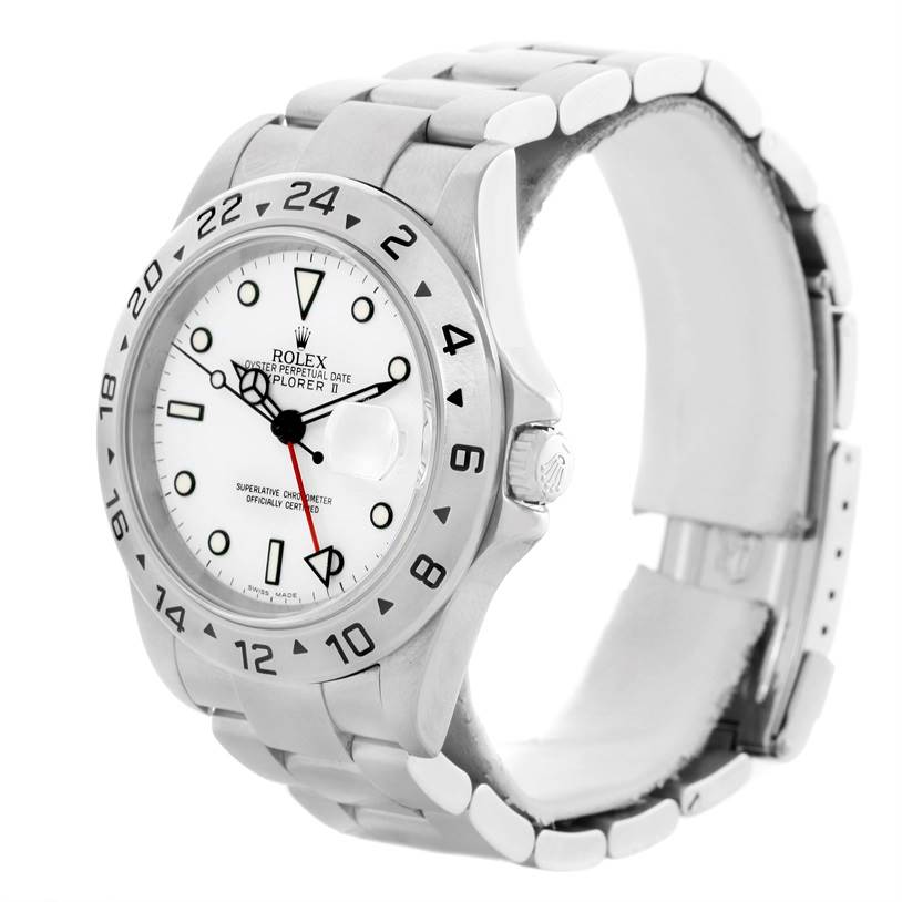 The image shows a Rolex Explorer 16570 Men's Stainless Steel White Dial 16570 Men's Stainless Steel White Dial watch at a three-quarter angle, displaying its face, bezel, crown, and part of the bracelet.