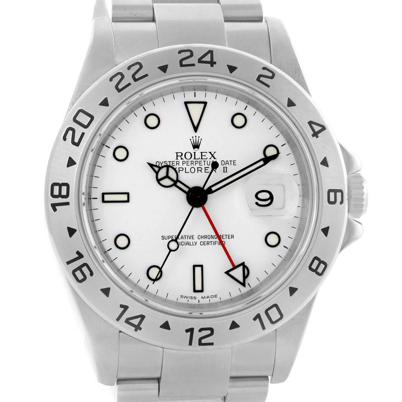 The image shows a front view of a Rolex Explorer 16570 Men's Stainless Steel White Dial 16570 Men's Stainless Steel White Dial watch, highlighting the dial, bezel, hands, and part of the bracelet.