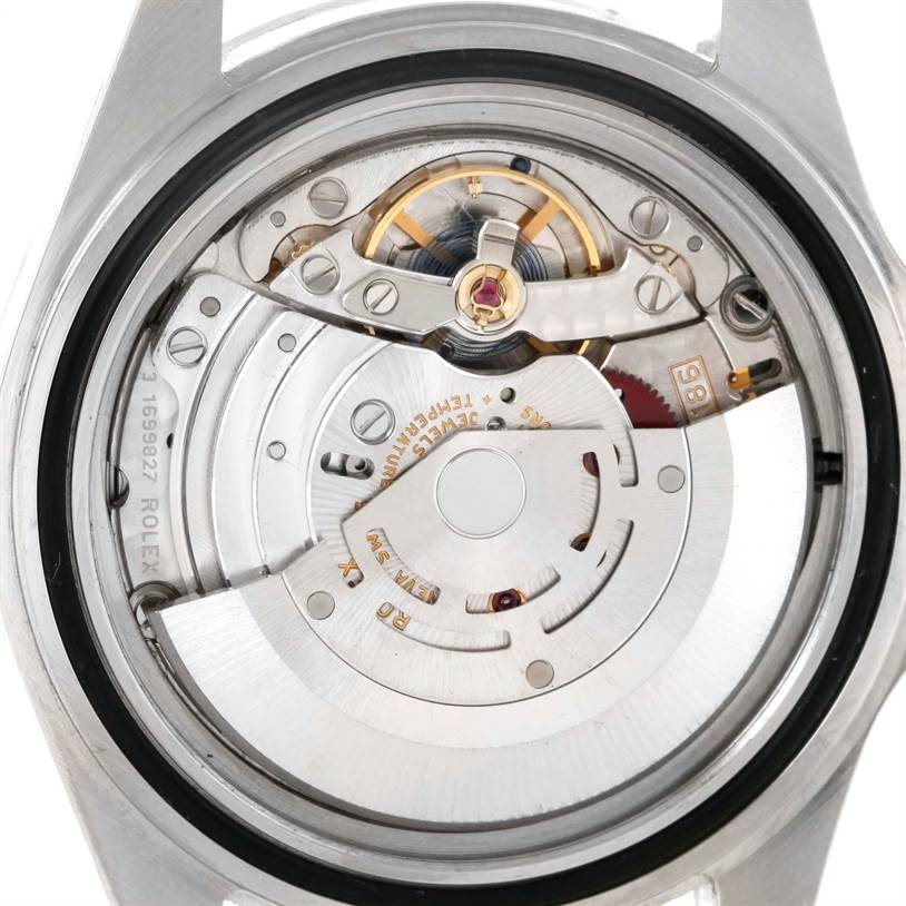 The image shows the back view of the Rolex Explorer 16570 Men's Stainless Steel White Dial 16570 Men's Stainless Steel White Dial's movement and internal mechanisms.