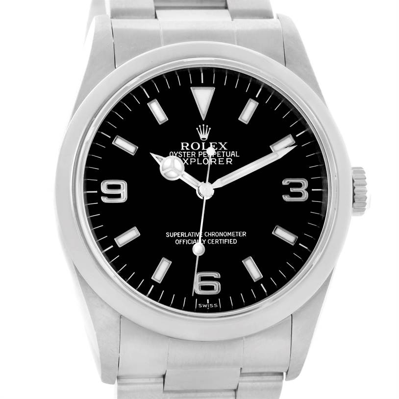 This image shows a close-up frontal view of the Rolex Explorer 14270 Men's Stainless Steel Black Dial 14270 Men's Stainless Steel Black Dial watch, highlighting its dial, hands, and part of the bracelet.