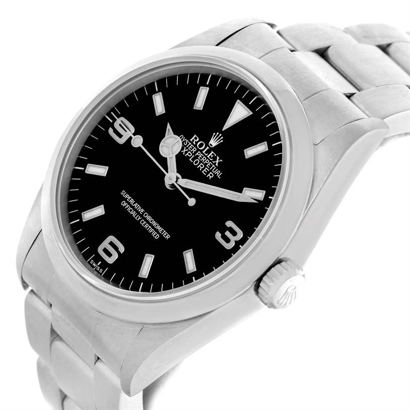 The Rolex Explorer 14270 Men's Stainless Steel Black Dial 14270 Men's Stainless Steel Black Dial watch is shown at an angled view, displaying its face, bezel, and part of the bracelet.