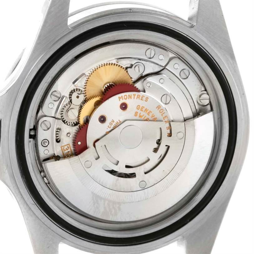 This image shows the back view of a Rolex Explorer 16570 Men
s Stainless Steel White Dial 16570 Men
s Stainless Steel White Dial watch, displaying its intricate internal mechanism.