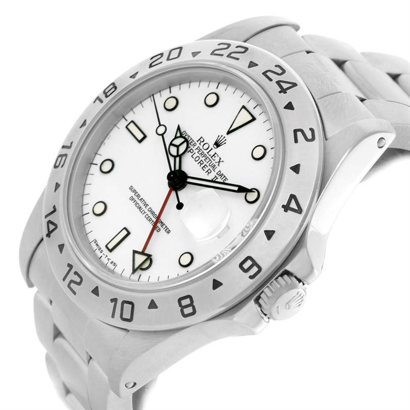 This Rolex Explorer 16570 Men
s Stainless Steel White Dial 16570 Men
s Stainless Steel White Dial model is shown at an angled close-up view, highlighting its face, bezel, crown, and part of the bracelet.