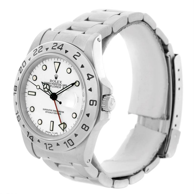 The image shows a Rolex Explorer 16570 Men
s Stainless Steel White Dial 16570 Men
s Stainless Steel White Dial watch taken from an angled side view, showcasing the bezel, dial, crown, and bracelet.