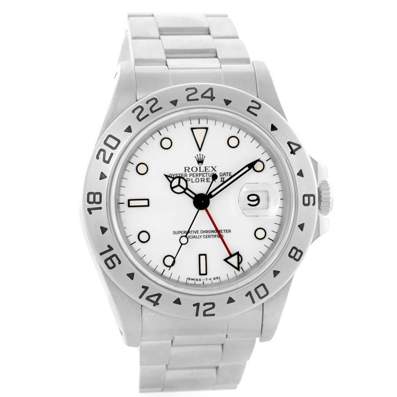 The image shows a frontal view of a Rolex Explorer 16570 Men
s Stainless Steel White Dial 16570 Men
s Stainless Steel White Dial model watch, displaying the face, bezel, date window, and bracelet.