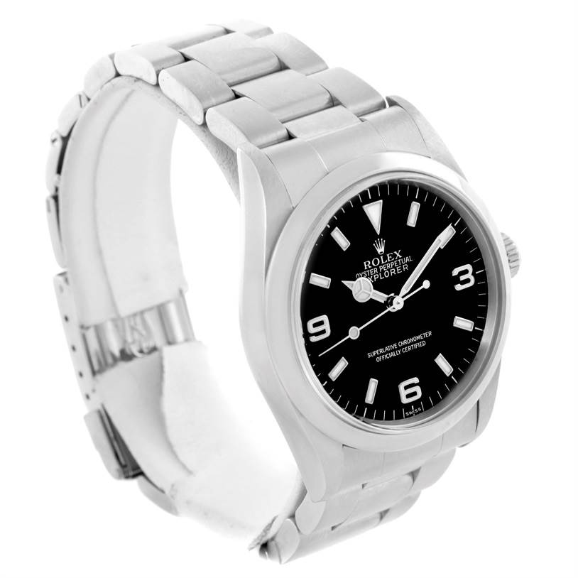 The image shows a side view of the Rolex Explorer 14270 Men's Stainless Steel Black Dial 14270 Men's Stainless Steel Black Dial watch, highlighting its dial, bezel, and bracelet.