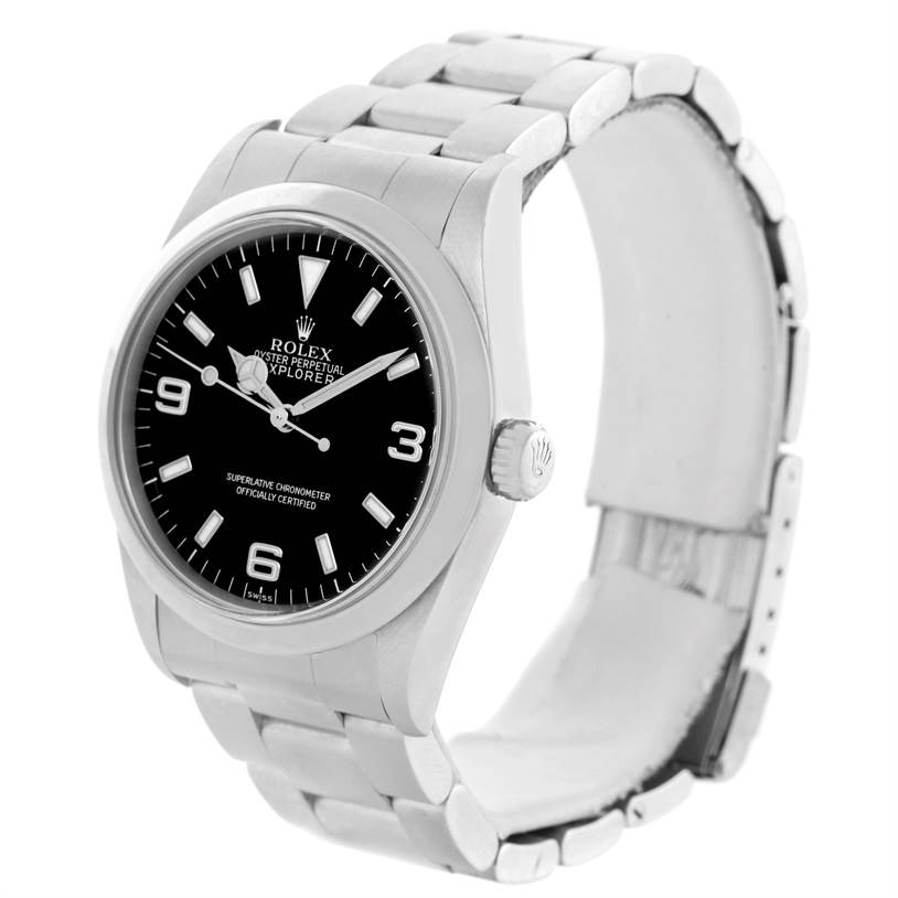 The Rolex Explorer 14270 Men's Stainless Steel Black Dial 14270 Men's Stainless Steel Black Dial watch is shown at an angled side view, displaying the face, bezel, crown, and bracelet.