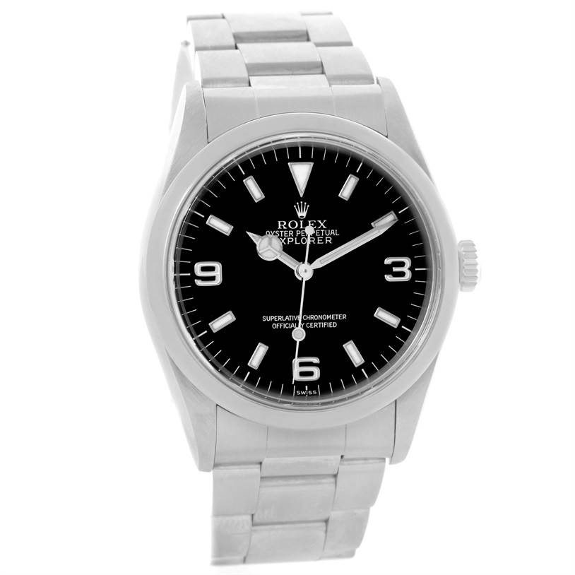 This image shows a front angle of the Rolex Explorer 14270 Men's Stainless Steel Black Dial 14270 Men's Stainless Steel Black Dial watch, displaying its face, bezel, and bracelet.