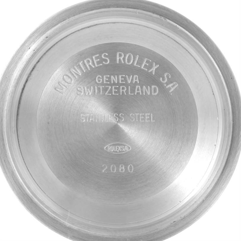 The image shows the stainless steel case back of a Rolex Explorer 14270 Men's Stainless Steel Black Dial 14270 Men's Stainless Steel Black Dial watch.