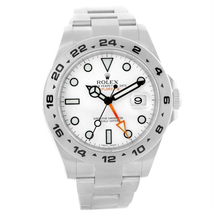 This image shows a front view of the Rolex Explorer 216570 Men's Stainless Steel White Dial 216570 Men's Stainless Steel White Dial watch, displaying the face, bezel, and part of the bracelet.