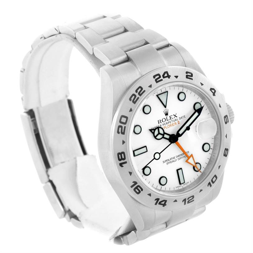 The Rolex Explorer 216570 Men's Stainless Steel White Dial 216570 Men's Stainless Steel White Dial model watch is shown at a slight angle from the top, displaying its face, bezel, and part of the bracelet.