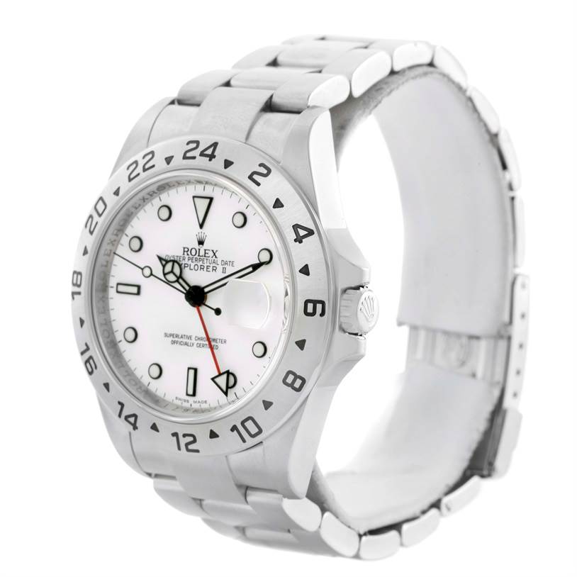 The Rolex Explorer 16570 Men
s Stainless Steel White Dial 16570 Men
s Stainless Steel White Dial watch is shown at a slight angle, displaying its white dial, bezel, crown, and metal bracelet.