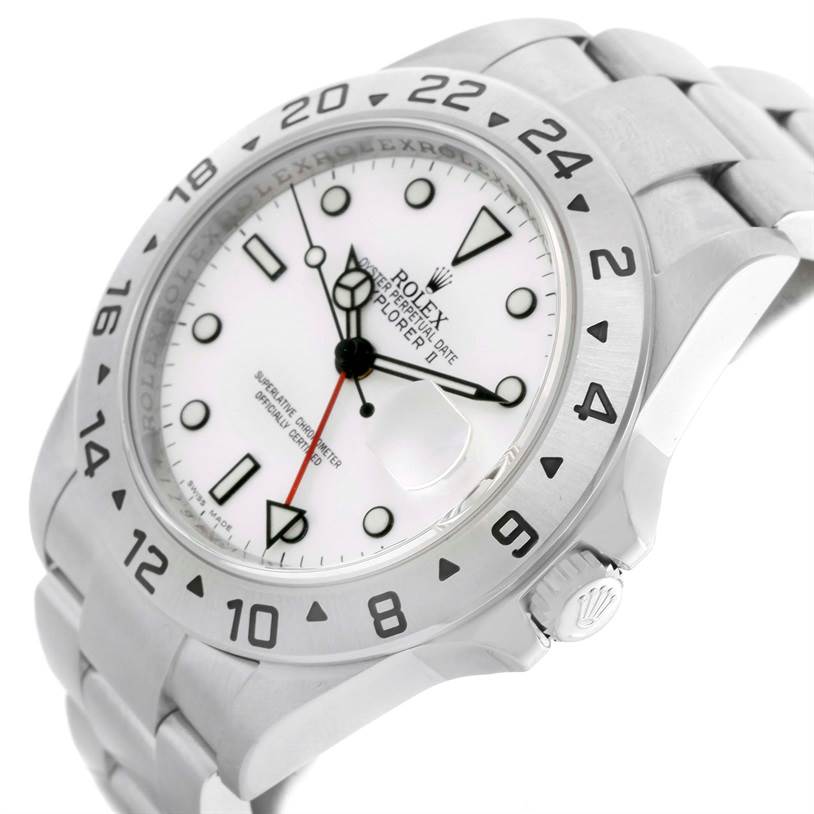 The image shows a Rolex Explorer 16570 Men
s Stainless Steel White Dial 16570 Men
s Stainless Steel White Dial watch at an angle, highlighting the bezel, dial, hands, crown, and part of the bracelet.