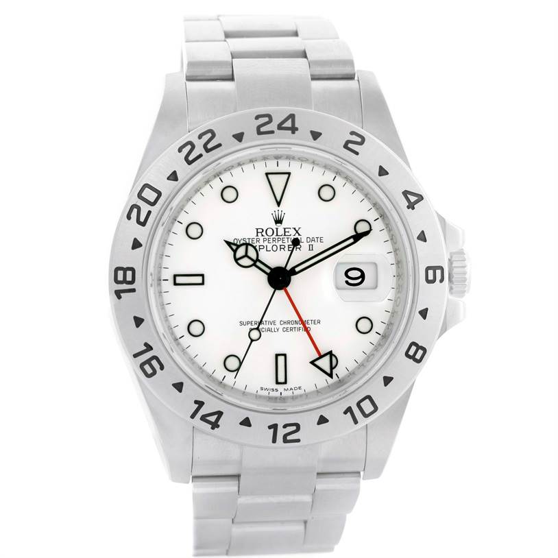 This image shows a front view of the Rolex Explorer 16570 Men
s Stainless Steel White Dial 16570 Men
s Stainless Steel White Dial watch, highlighting the dial, bezel, bracelet, and hour markers.
