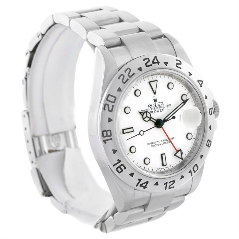 The Rolex Explorer 16570 Men
s Stainless Steel White Dial 16570 Men
s Stainless Steel White Dial watch is shown at a three-quarter angle, displaying its white dial, stainless steel case, and bracelet.